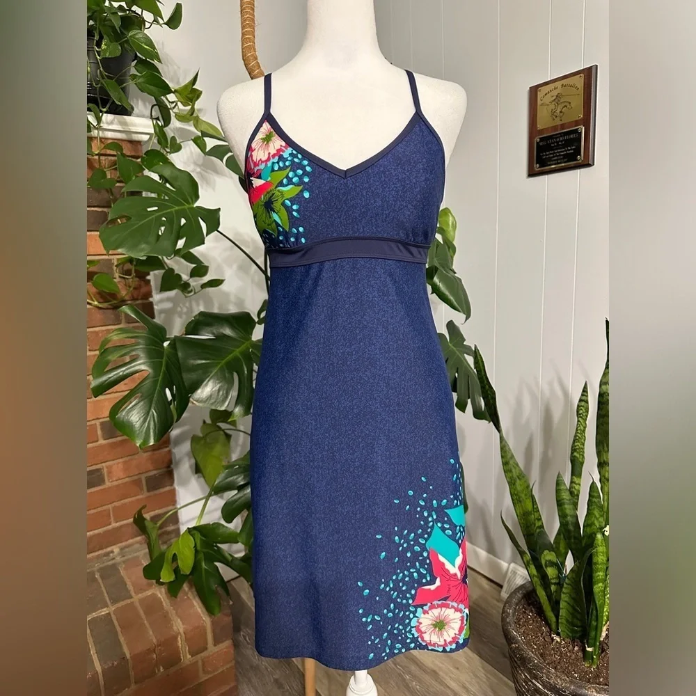 #4) Athleta navy blue with multi color floral dress with under bra size XS